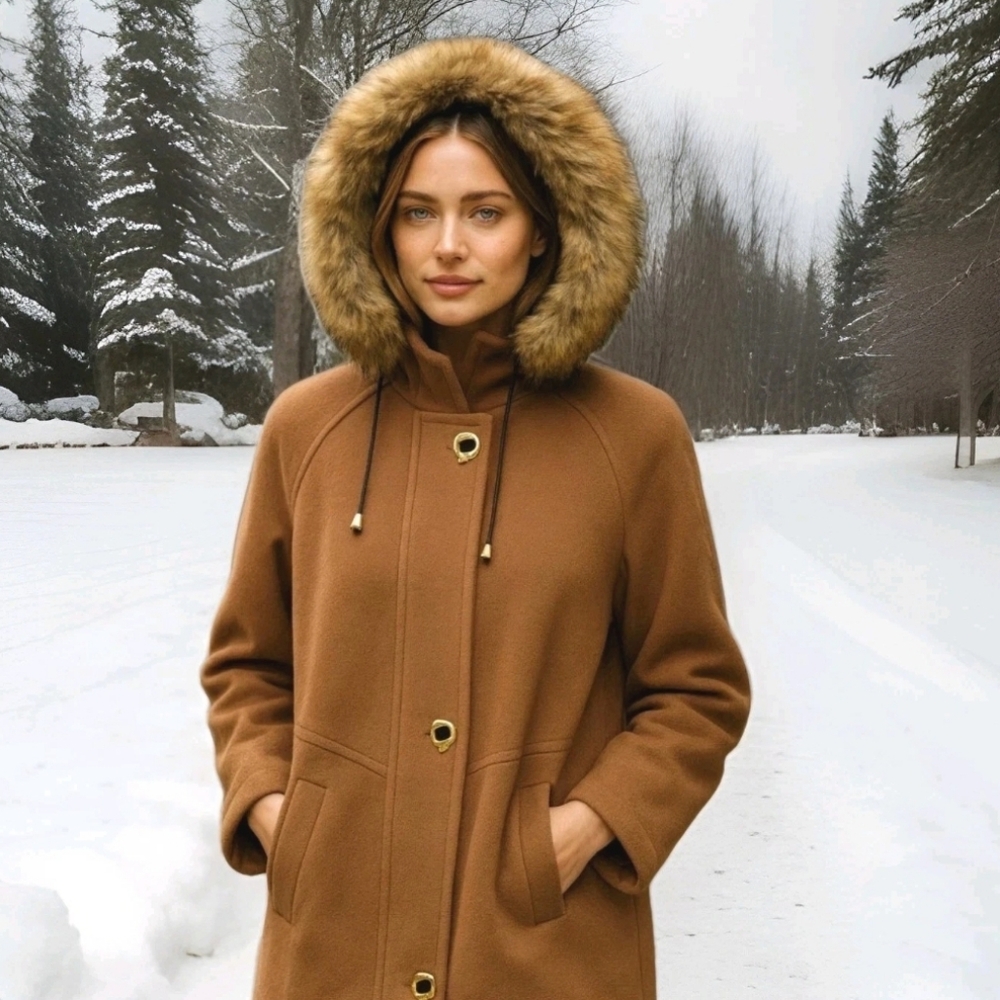 Women's Brown Fur-Trimmed Coat 100% Wool Made In Ukraine